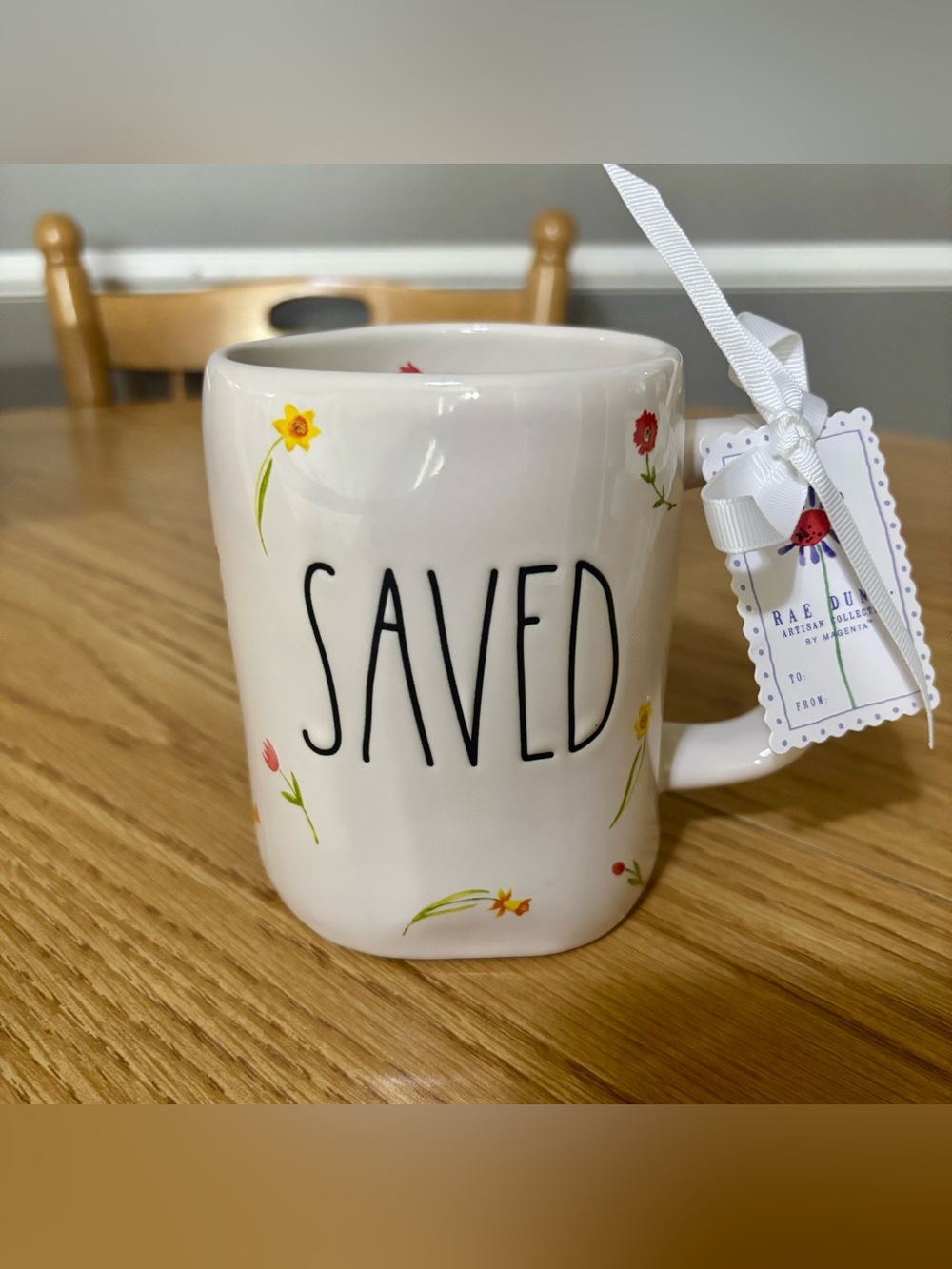 NEW Rae Dunn 'SAVED' White Floral Ceramic Mug